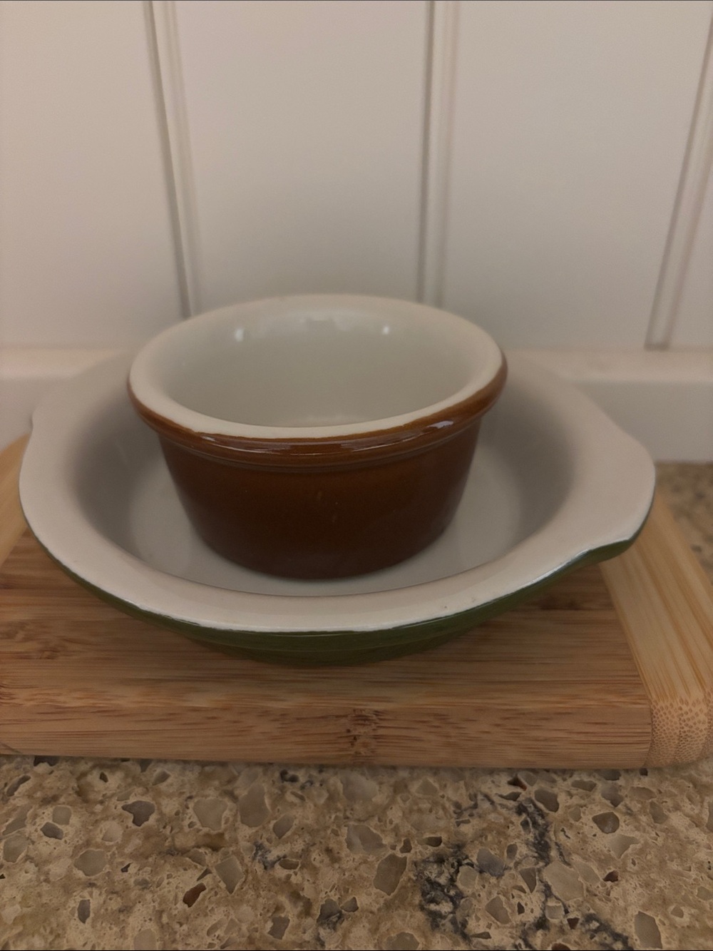 Vintage Hall Pottery Brown & Green 2 Piece Ceramic Bakeware Au Gratin & Ramekin